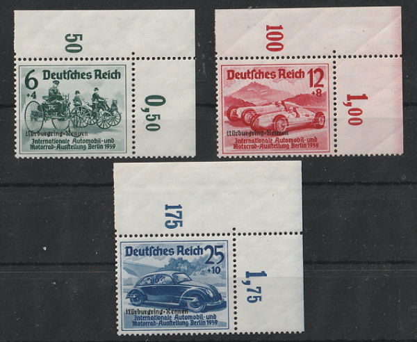 Michel Nr. 695 - 697, Nürburgring Rennen postfrisch Eckrand, geprüft BPP.